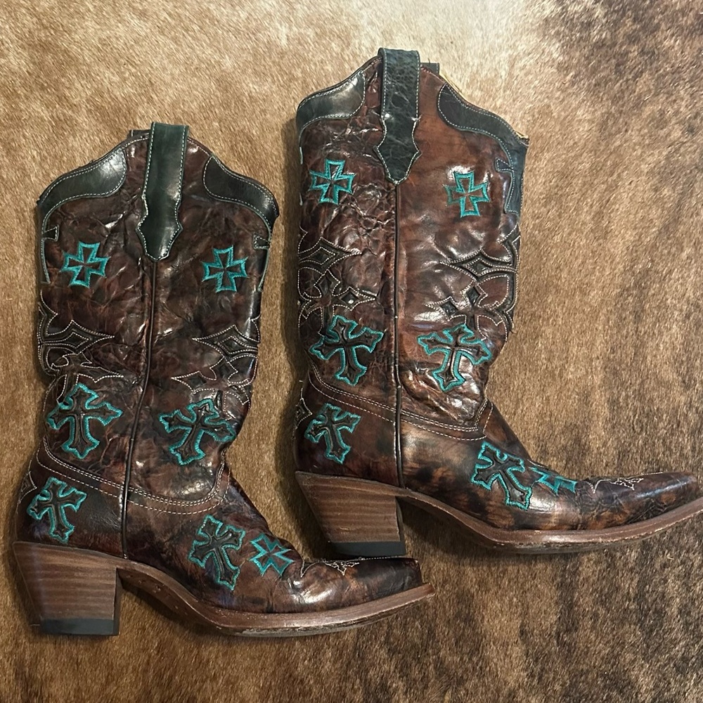 Corral Whiskey/Turquoise Three Cross Snip Toe Cowboy Boots